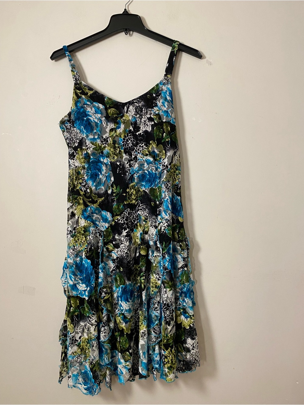Blue Lace Floral Tiered Midi Dress with Spaghetti Straps